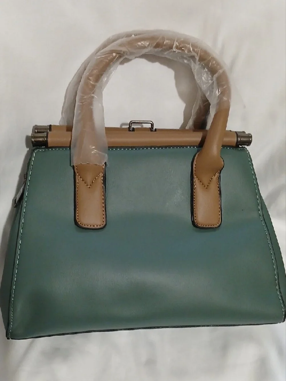 Green Croc-Texture Satchel Handbag with Tan Accents